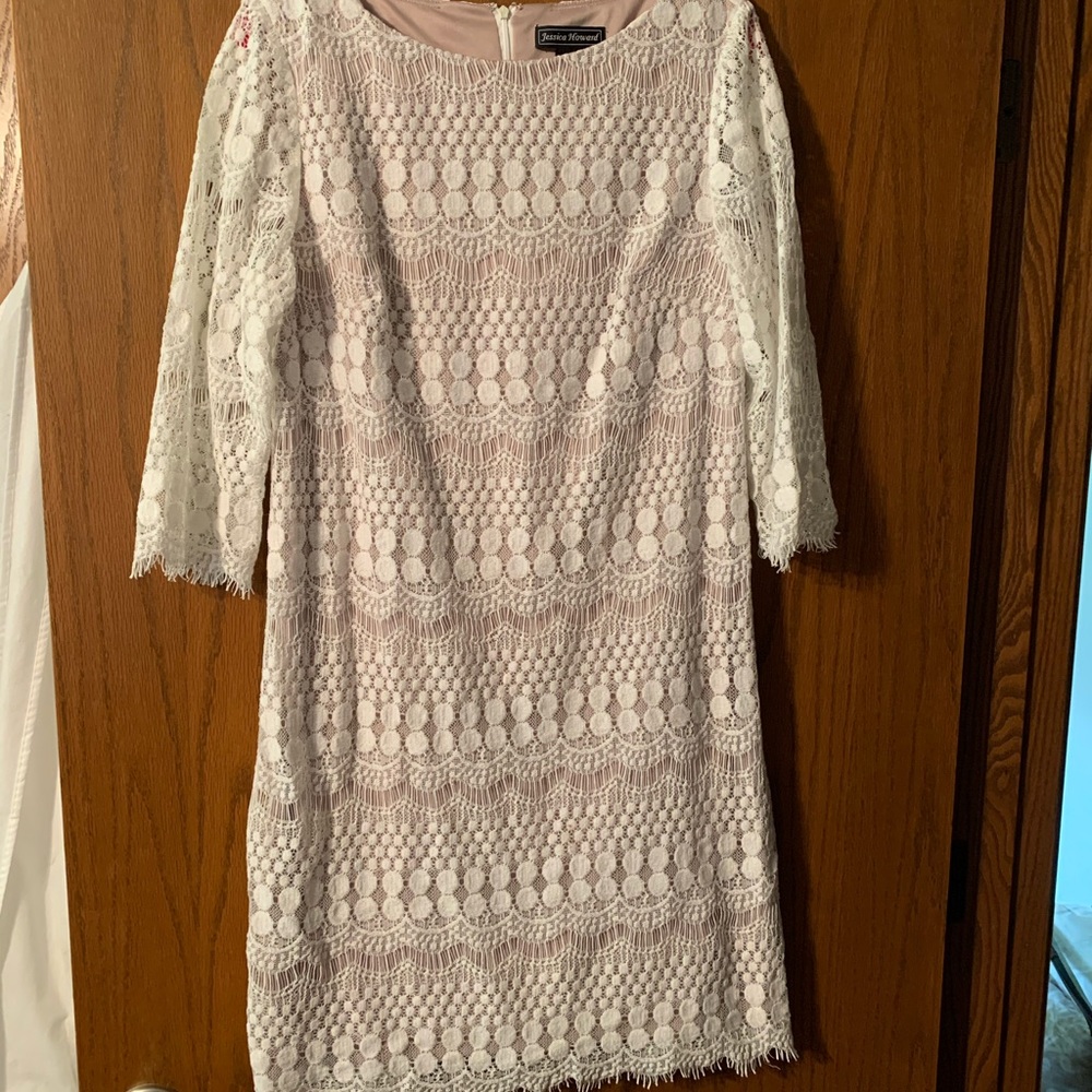 White lace dress with nude underlay